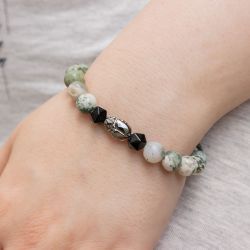 Гривна с кристал Swarovski скарабей и камък Мъхов Ахат
