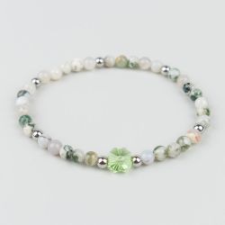 Зелена гривна с детелина Swarovski и камък Мъхов Ахат