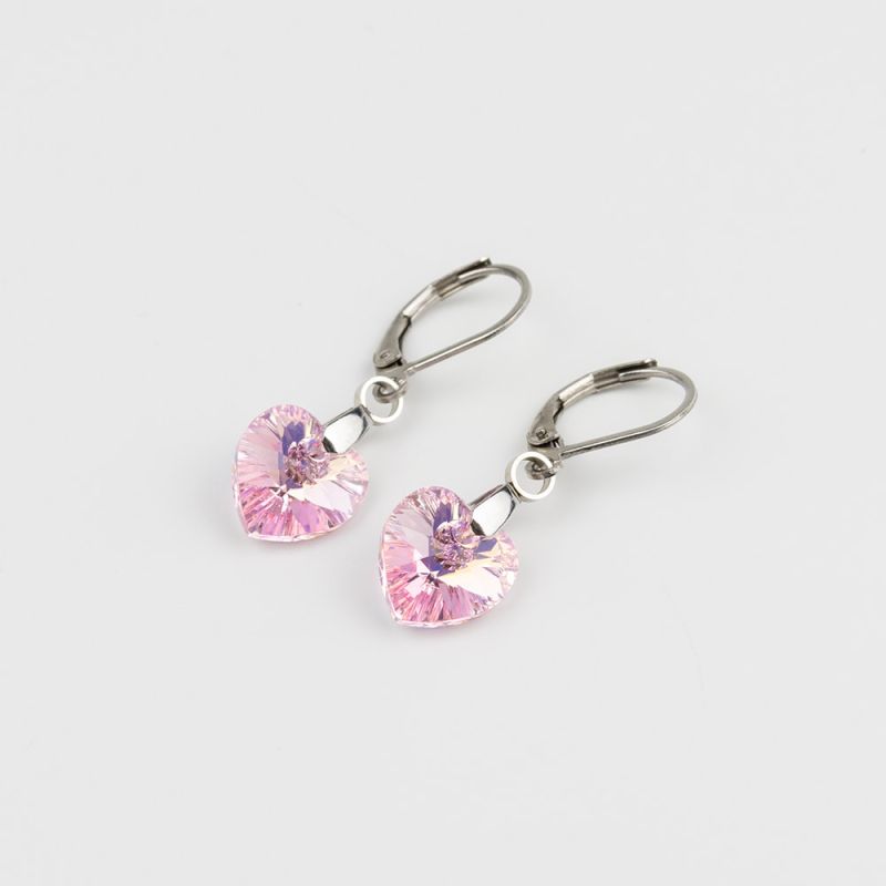 Висящи обеци със сърца кристал Swarovski Light Rose