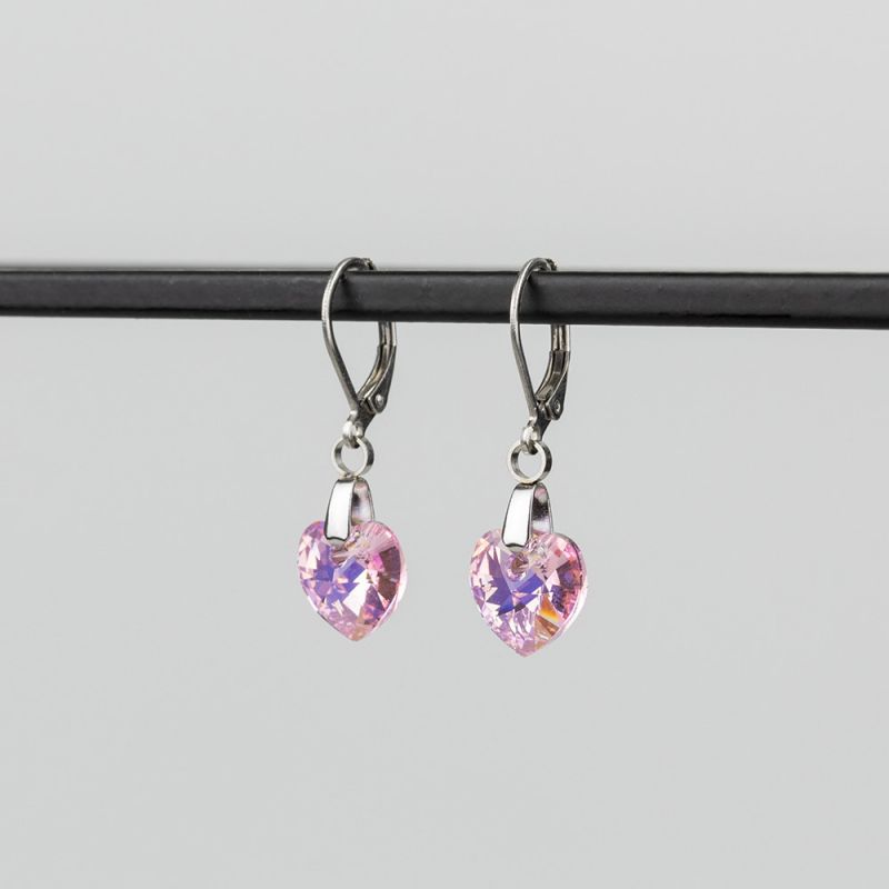 Висящи обеци със сърца кристал Swarovski Light Rose