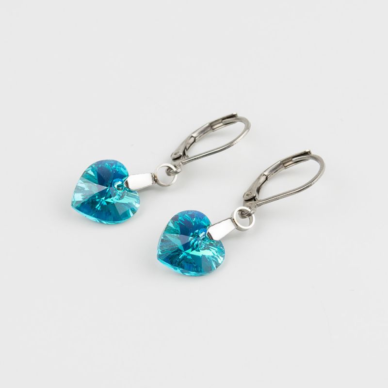 Висящи обеци със сърца кристал Swarovski Light Turquoise