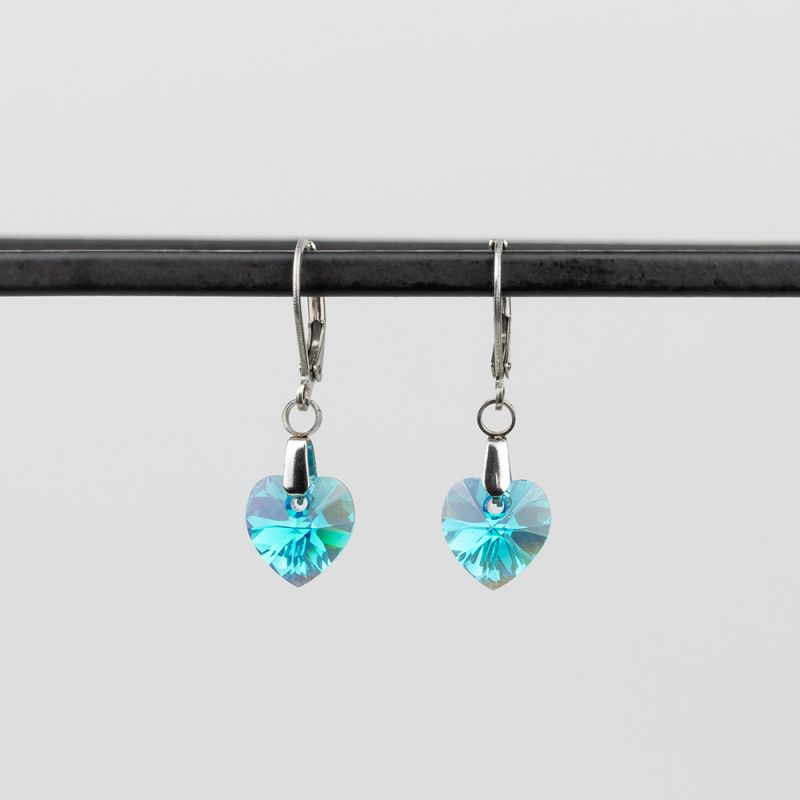 Висящи обеци със сърца кристал Swarovski Light Turquoise
