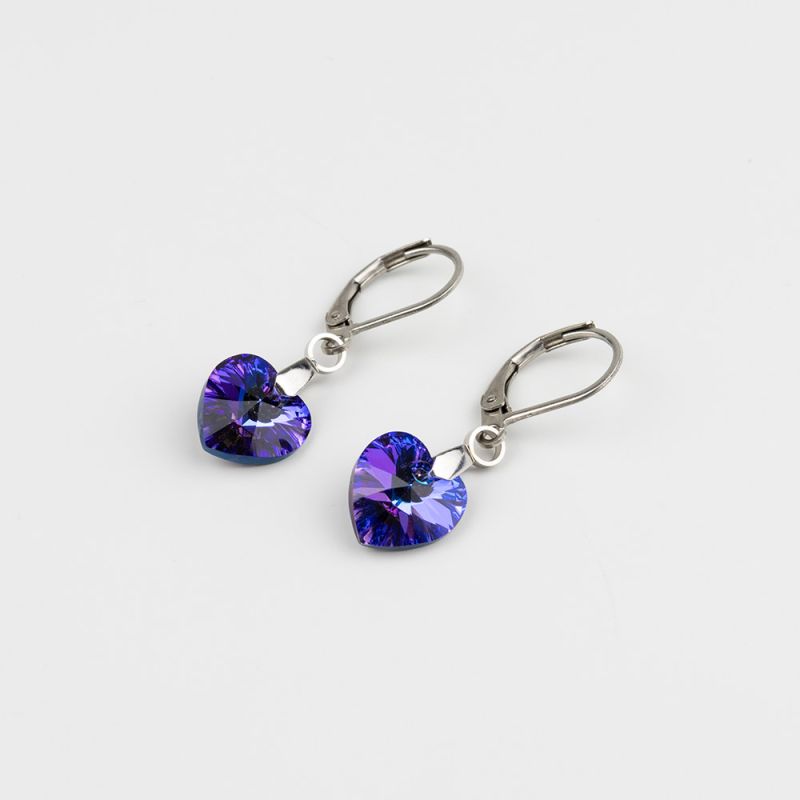 Висящи обеци със сърца кристал Swarovski Heliotrope