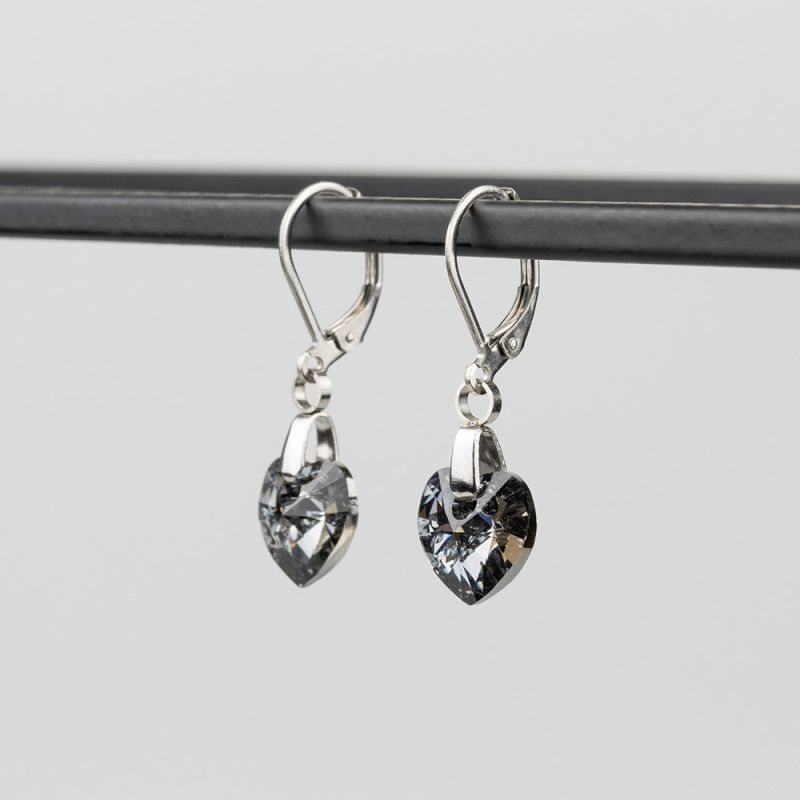 Висящи обеци със сърца кристал Swarovski Silver Night