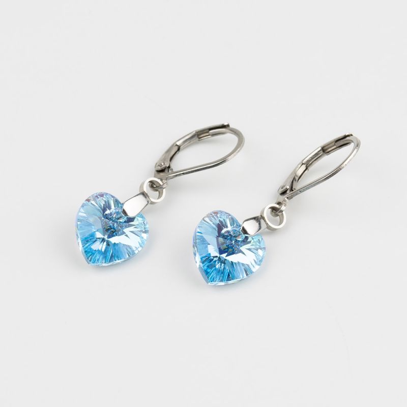 Висящи обеци със сърца кристал Swarovski Aquamarine Shimmer