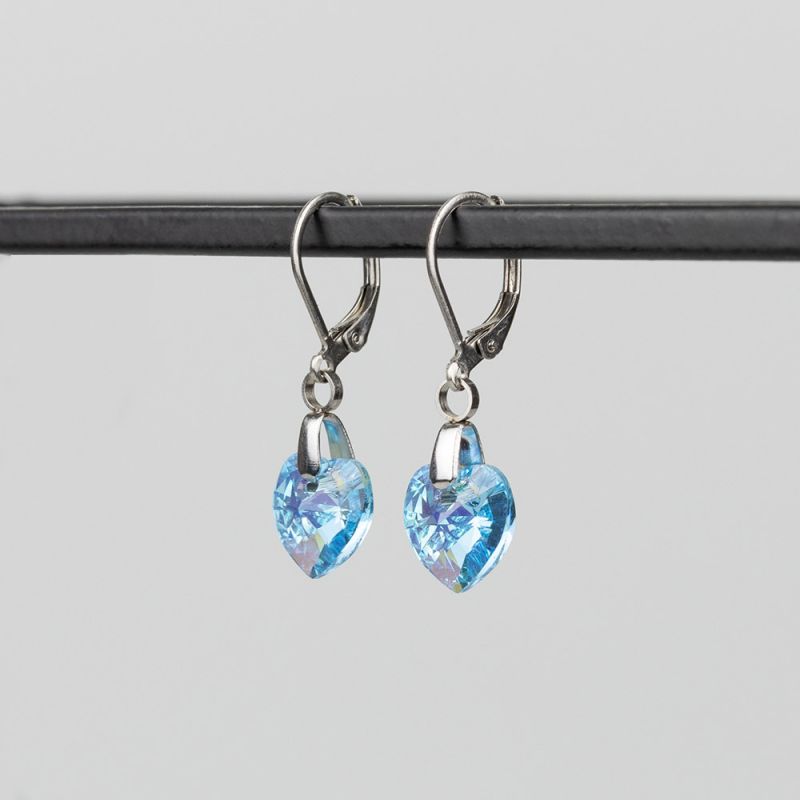 Висящи обеци със сърца кристал Swarovski Aquamarine Shimmer