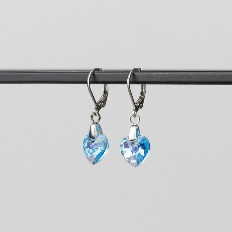 Висящи обеци със сърца кристал Swarovski Aquamarine Shimmer